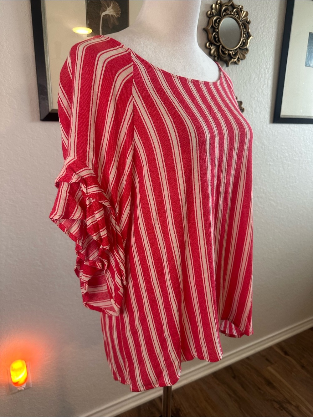 Umgee Pink Striped Short Sleeve Flare Top